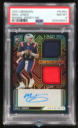 2021 Mac Jones PSA 8 Obsidian Rookie Dual Patch Auto #RJIMJ 51/100