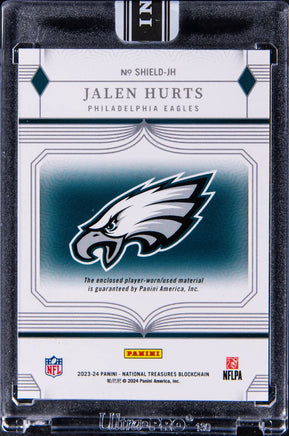 2023 Jalen Hurts Raw National Treasures Blockchain NFL Shields Player Worn 1/1
