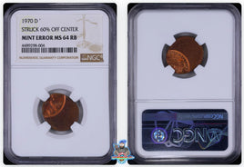 1970-D 1C NGC MS64 RB Mint Error Struck 60% Off Center 4489298-004