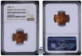1980-D 1C NGC MS66 RD Mint Error Struck 50% Off Center 4489298-007