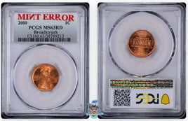 2000 1C Mint Error Broadstruck PCGS MS63 RD 38789213