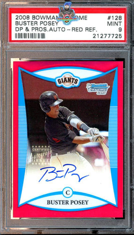 2008 Buster Posey PSA 9 Bowman Chrome DP and Pros Auto Red Refractor #128 1/5