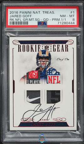 2016 Jared Goff PSA 8 National Treasures Rookie NFL Gear Auto Quad Patch #1 /1