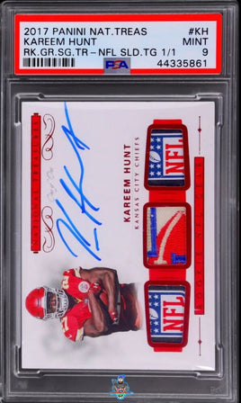 2017 Kareem Hunt PSA 9 Natl Treasures Rke Game Worn Laundry Tag Shield Auto 1/1
