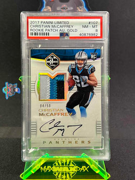 2017 Panini Limited Christian McCaffrey Rookie Patch Auto Gold #107 4 of 50 PSA 8 40878982