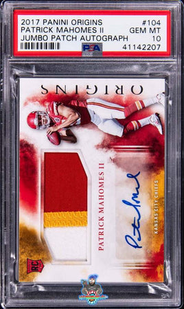 2017 Panini Origins Jumbo Rookie Patch Autograph (RPA) #104 Patrick Mahomes II Signed Patch Rookie Card PSA 10 41142207