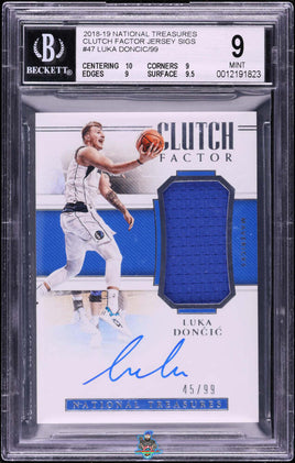 2018 Luka Doncic BGS 9 10 National Treasures Clutch Factor Jersey Auto 45/99