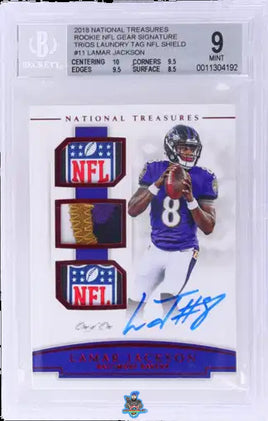 2018 National Treasures Rookie NFL Gear Signature Trio Laundry Tag NFL Shield Lamar Jackson #RST-LJ 1 of 1 BGS 9 Auto 10 0011304192