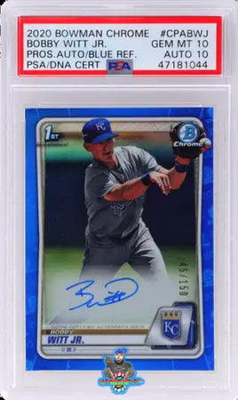 2020 Bowman Chrome Prospect Autograph Blue Refractor Bobby Witt Jr. #CPABWJ 145 of 150 PSA 10 Auto 10 47181044