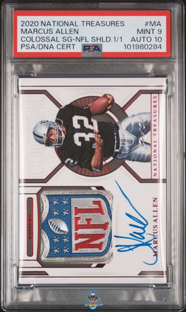 2020 National Treasures Marcus Allen Colossal Patch NFL Shield 1/1 PSA 9 10