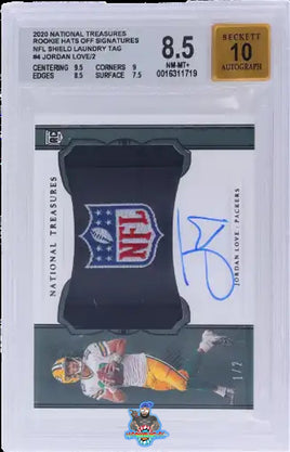 2020 National Treasures Rookie Hats Off Signatures NFL Shield Laundry Tag Jordan Love #4 1 of 2 BGS 8.5 Auto 10 0016311719