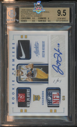 2020 Justin Herbert BGS 9.5 10 Absolute Rookie NFL Shield Patch Auto #203 1/1