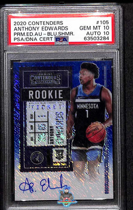 2020 Panini Contenders Anthony Edwards Blue Shimmer Rookie Ticket Auto #105 6 of 20 PSA 10 Auto 10 63503284