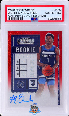 2020 Panini Contenders Both Hands On Ball Variation Rookie Ticket Autograph Premium Red Shimmer Prizm Anthony Edwards #105 1/5 PSA Auth 89201861