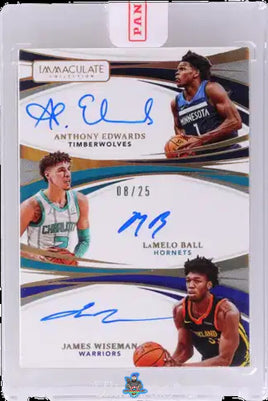 2020 Panini Immaculate Collection Triple Autographs #TA-ALJ 8 of 25 Anthony Edwards James Wiseman Lamelo Ball