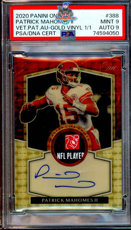 2020 Panini One Patrick Mahomes Veteran Patch Auto Gold Vinyl #388 1 of 1 PSA 9 Auto 9 74594050