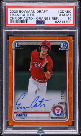 2020 Evan Carter PSA 10 Bowman Draft Chrome DP Auto Orange Refractor #CDAEC 9/25