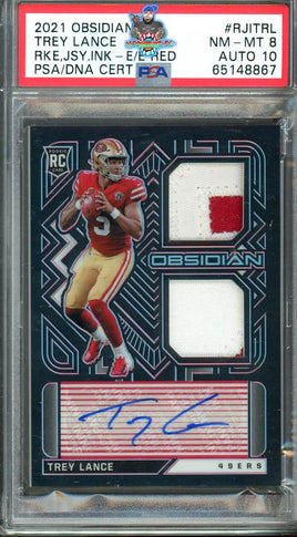 2021 Trey Lance PSA 8 10 Obsidian Rookie Jersey Auto Red #RJITRL 2/10