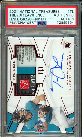 2021 Trevor Lawrence PSA 9 Natl Treasures Rke NFL Gear Laundry Tag NFLPA Auto 1/1