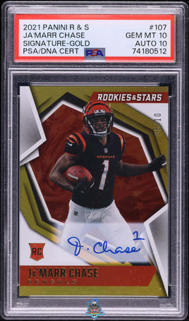 2021 Rookies and Stars Ja'Marr Chase Signature Gold #107 /10 PSA 10 10