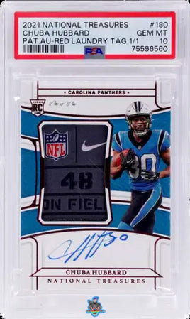 2021 Chuba Hubbard PSA 10 National Treasures Rookie Laundry Tag Auto Red 1/1