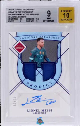 2022 Lionel Messi BGS 9 10 National Treasures Road WC Prod Mem Auto Sapph 5/10