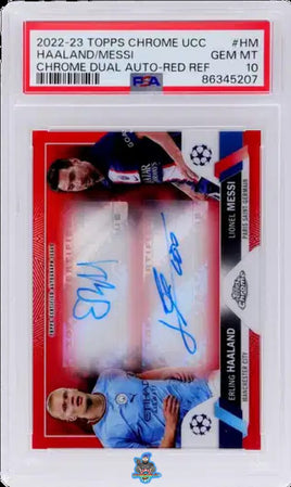 2022 Messi Haaland PSA 10 Topps Chrome UCC Chrome Dual Auto Red Ref #DAHM 2/5