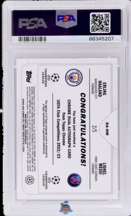 2022 Messi Haaland PSA 10 Topps Chrome UCC Chrome Dual Auto Red Ref #DAHM 2/5