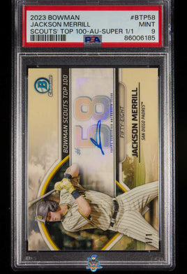 2023 Bowman Jackson Merrill Scouts Top 100 Auto Super Refractor #BTP58 1 of 1 PSA 9 86006185