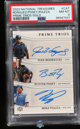 2023 Rodriguez, Posey, Piazza PSA 8 National Treasures Prm Gold Auto #PTCAT /7