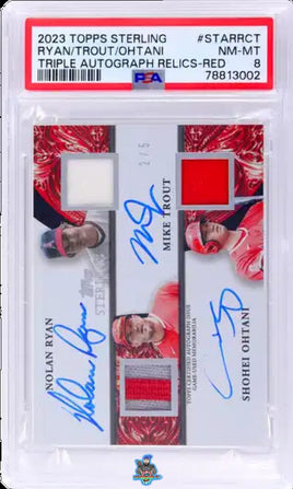 2023 Ryan Trout Ohtani PSA 8 Topps Sterling Triple Autograpgh Relics Red /5