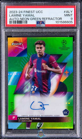 2023 Lamine Yamal PSA 9 Topps Finest UCC Rookie Auto Neon Green Ref #ALY 59/99