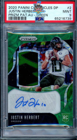 2020 Panini Chronicles  DP Justin Herbert Prizm Patch Auto Green #2 24 of 25 PSA 9 65216739